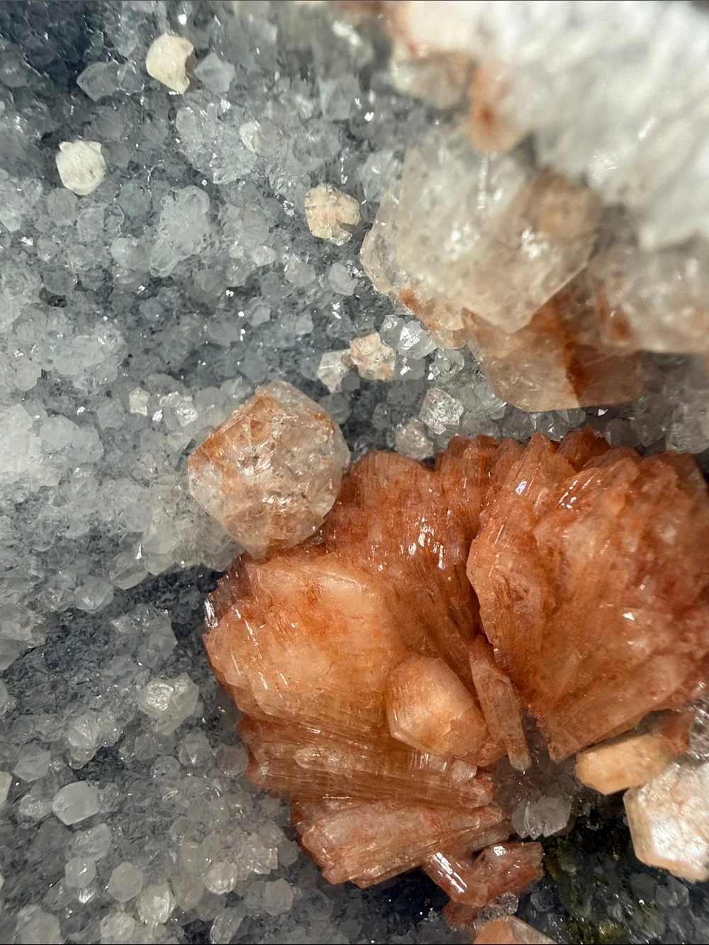 Peach Stilbite Cluster in Blue Chalcedony Geode Freeform Apophyllite & Epidote